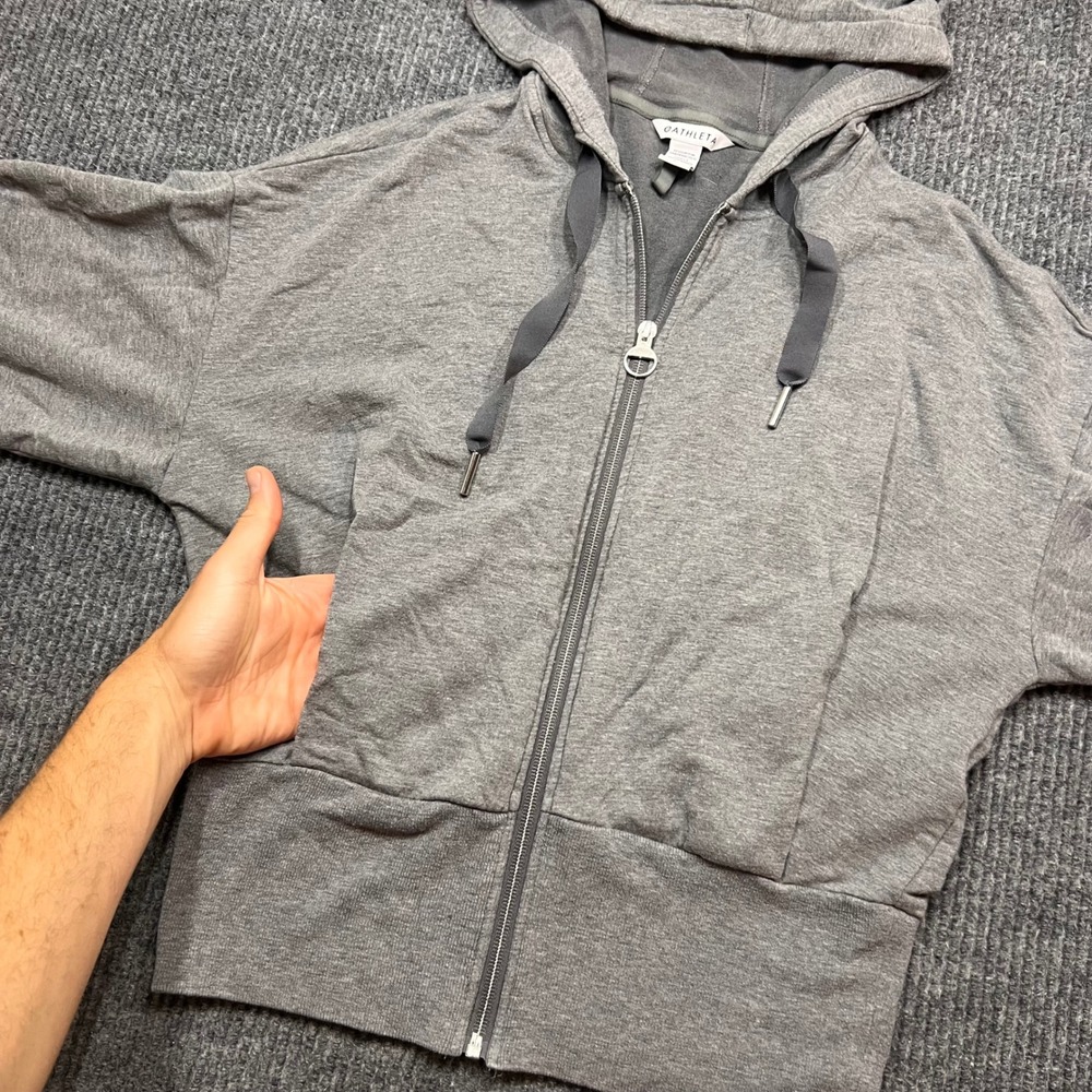 Athleta Balance Luxe Full Zip Hoodie Grey Heathered Sweatshirt XS crop pleated - Picture 2 of 8